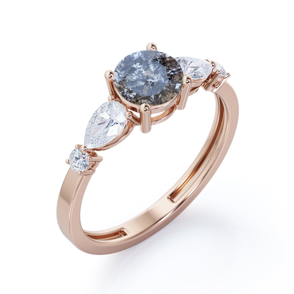 Fancy 5 stones 0.65 carat Round cut Salt and pepper diamond and White diamond wide shank engagement ring in rose gold