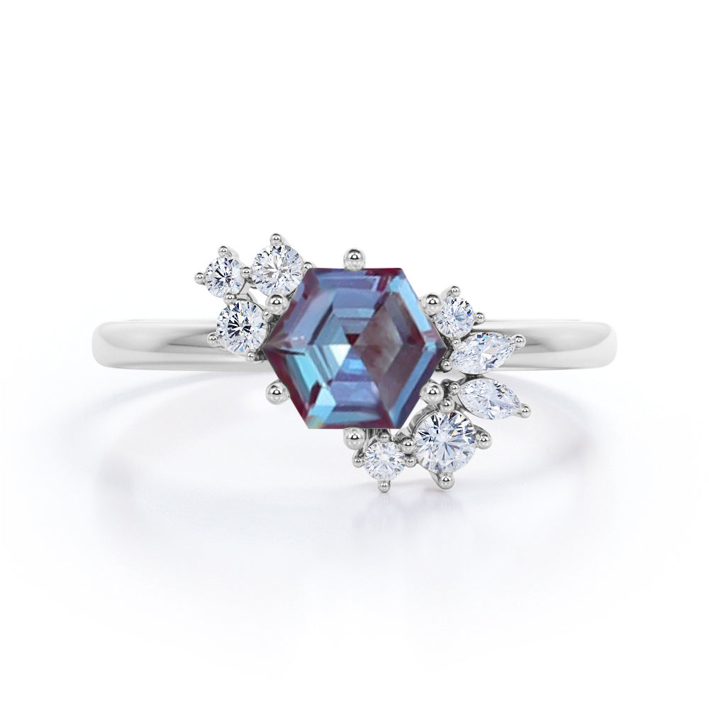 Butterfly style 1.15 carat Hexagon shaped Lab made Alexandrite and diamond marquise and dot engagement ring in Black gold