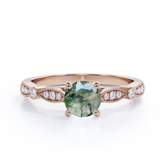 Art deco Cathedral 1.2 carat Round cut Moss Green Agate and diamond bead décor engagement ring in Rose gold