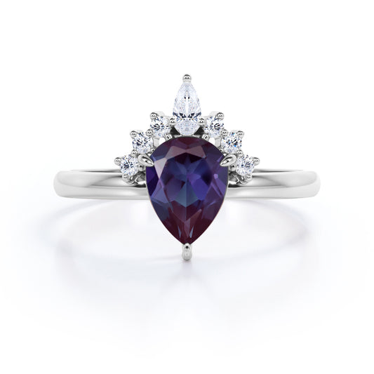 Elegant tiara 1.15 carat Pear shaped Lab made Alexandrite and diamond 3 prong engagement ring in White gold