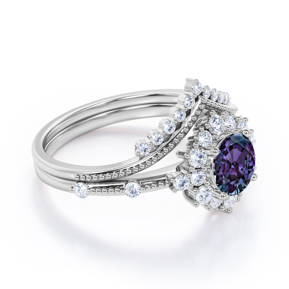 Cluster Chevron 1.5 carat Round cut Lab created Alexandrite and diamond engraved wedding ring set in White gold