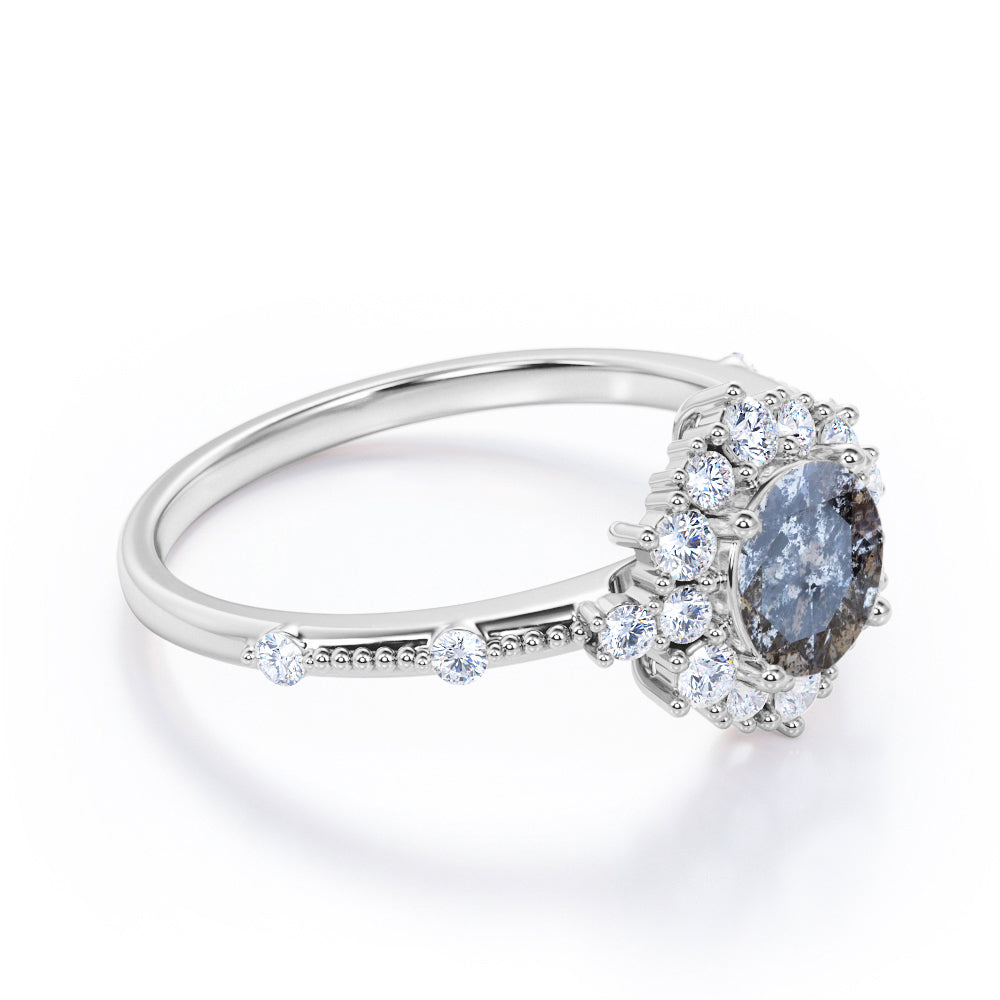 Floral Cluster 0.85 carat Round cut Salt and pepper diamond and White diamond beaded engagement ring in White gold