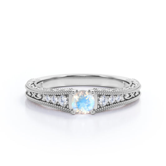 Exquisite Double Beaded 0.6 carat Round cut Moonstone and diamond filigree style engagement ring in White gold