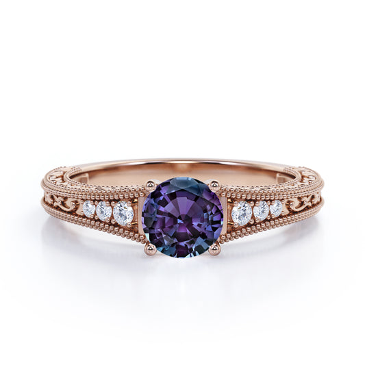 Antique art nouveau 1.1 carat Round cut Synthetic Alexandrite and diamond engagement ring in Rose gold