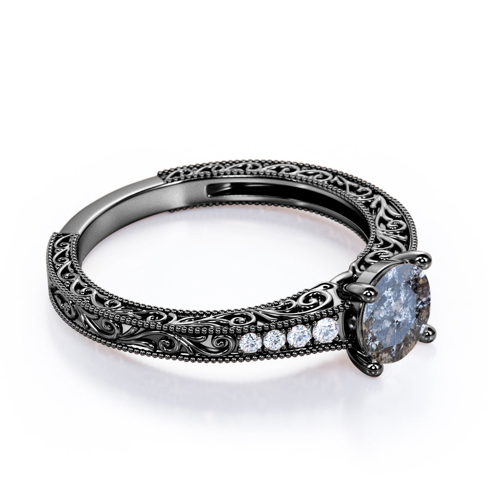 Milgrain and Filigree 0.7 carat Round cut Salt and pepper diamond and White diamond antique style engagement ring in Black gold