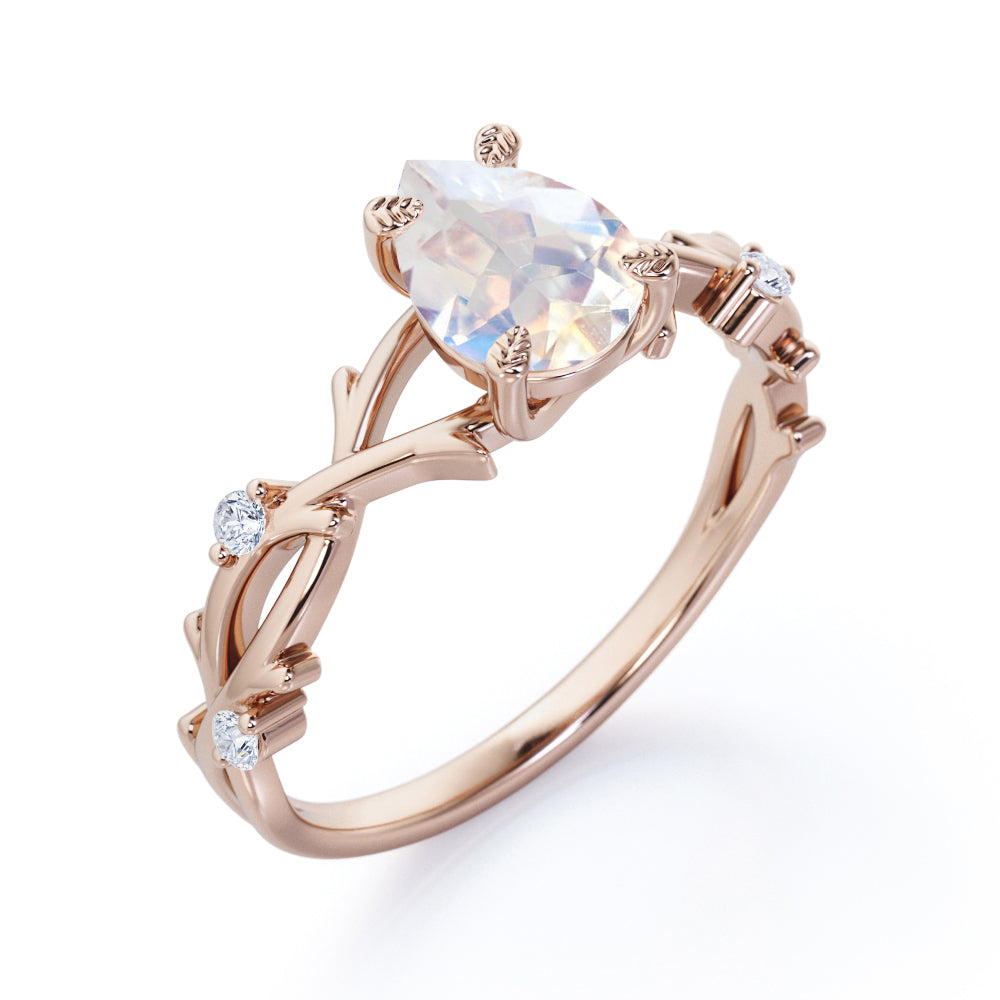 Forest themed Design 1.1 carat Pear cut Moonstone and diamond branchlet engagement ring in Rose gold
