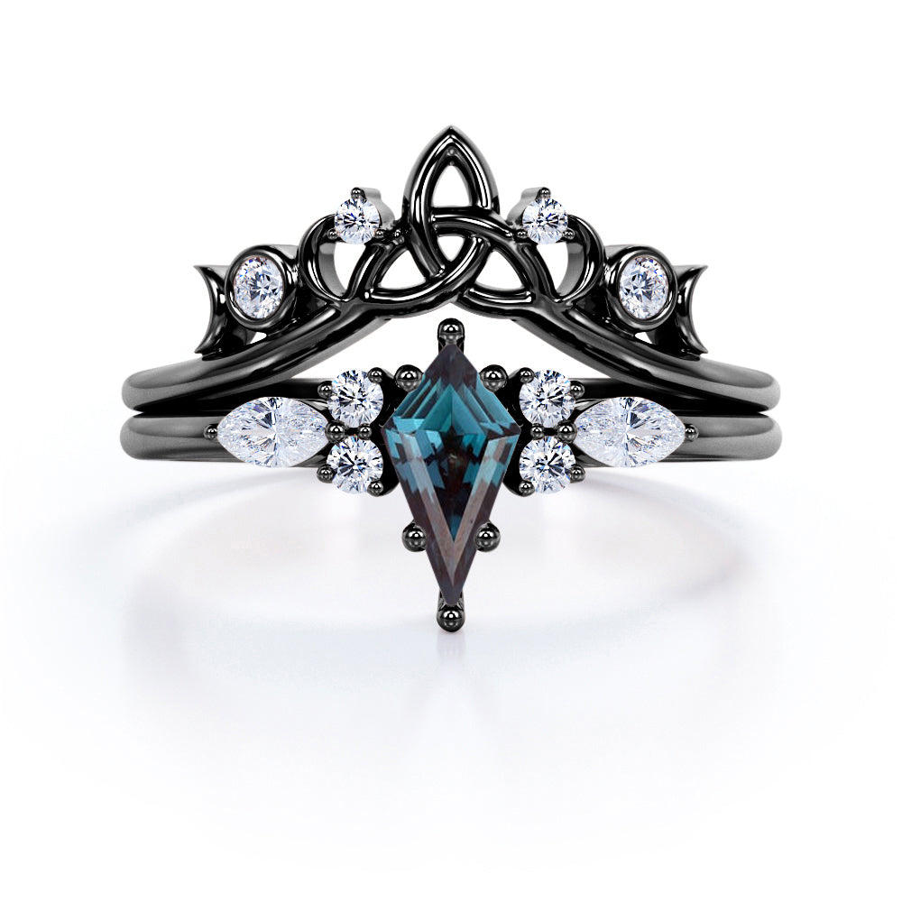 Triad Crown 1.25 carat Kite shaped Lab created Alexandrite and diamond 6 prong wedding ring set for women in Black gold