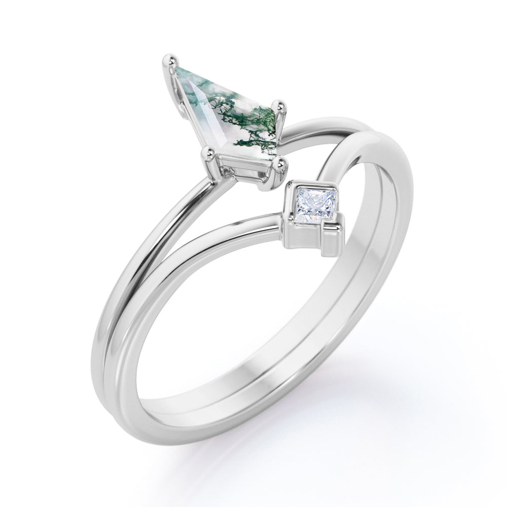 Classic 2 stone 1 carat Kite shaped Moss Green Agate and diamond contoured wedding ring set in White gold