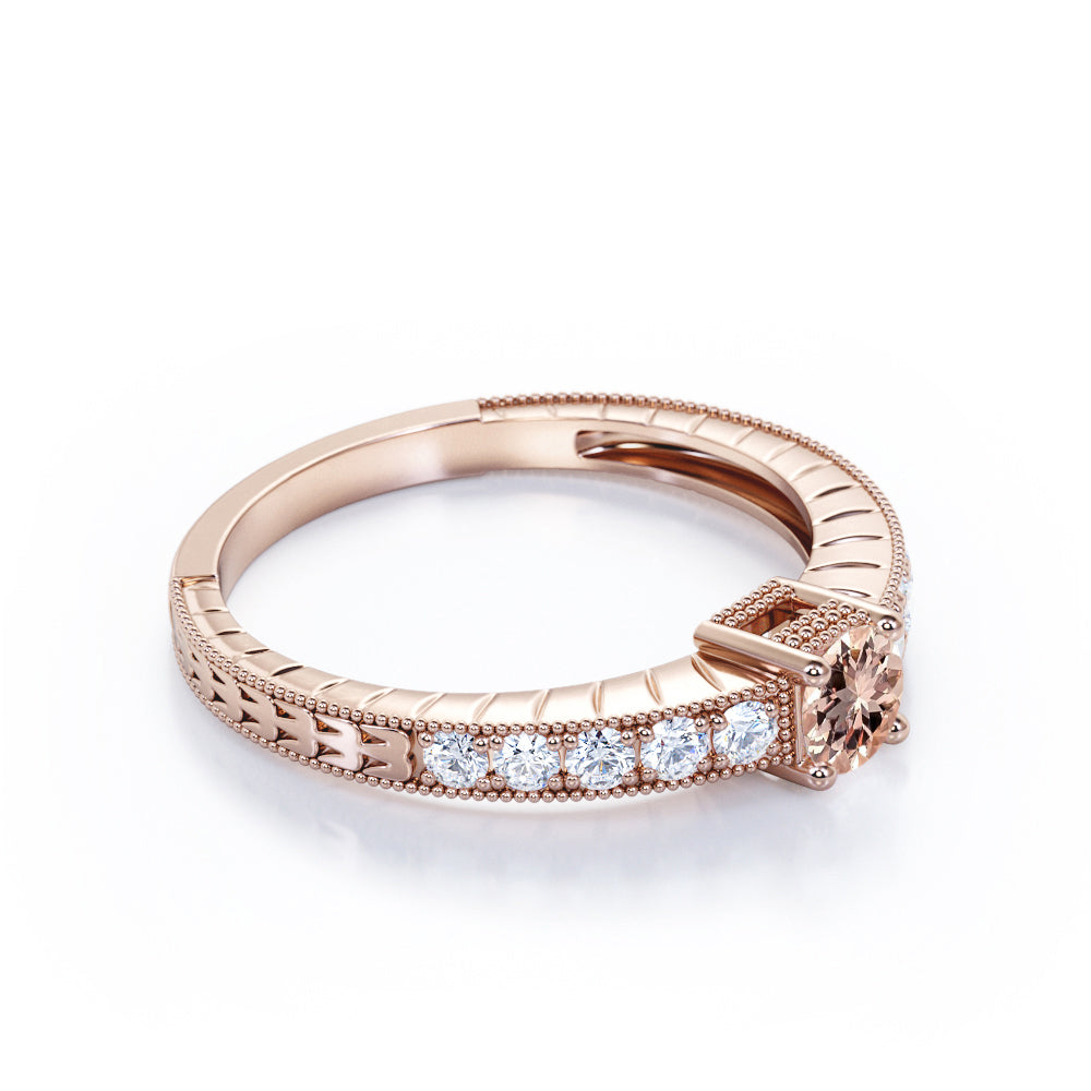 Art deco Milgrain 0.75 carat Round cut Peach Morganite and diamond basket set engagement ring in Rose gold-Anniversary rings