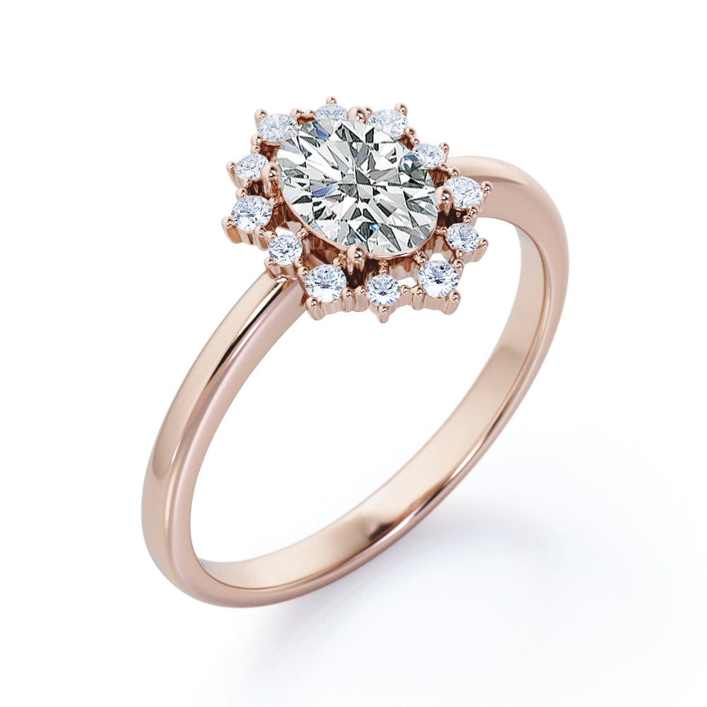Snowflake cluster 1.25 carat Oval cut Moissanite and diamonds Halo engagement ring in Rose gold