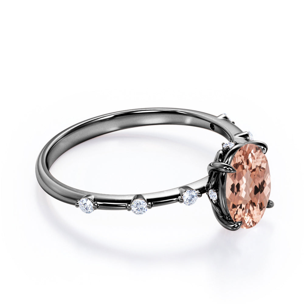Dainty Vine 1.1 carat Oval cut Morganite and diamond nature inspired engagement ring in Black gold