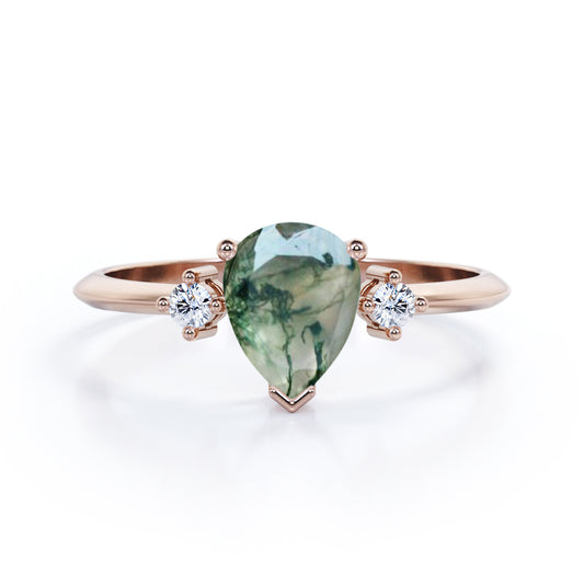 Vintage trinity 1.1 carat Pear cut Moss Green Agate and diamond pinched shank engagement ring in Rose gold