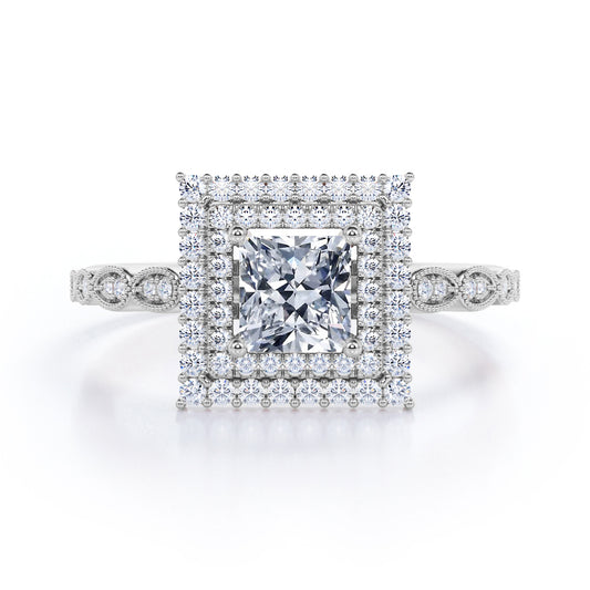 Antique inspired 1.75 carat Princess cut Moissanite and diamond double halo engagement ring in White gold