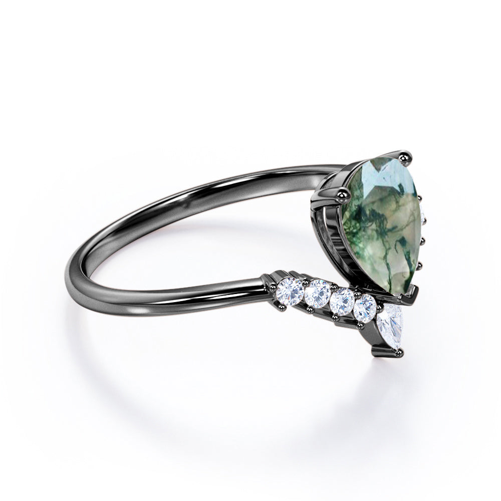 Art deco V-shaped 1.15 carat tear drop shaped Moss Agate and diamond tiara inspired promise ring in Black gold
