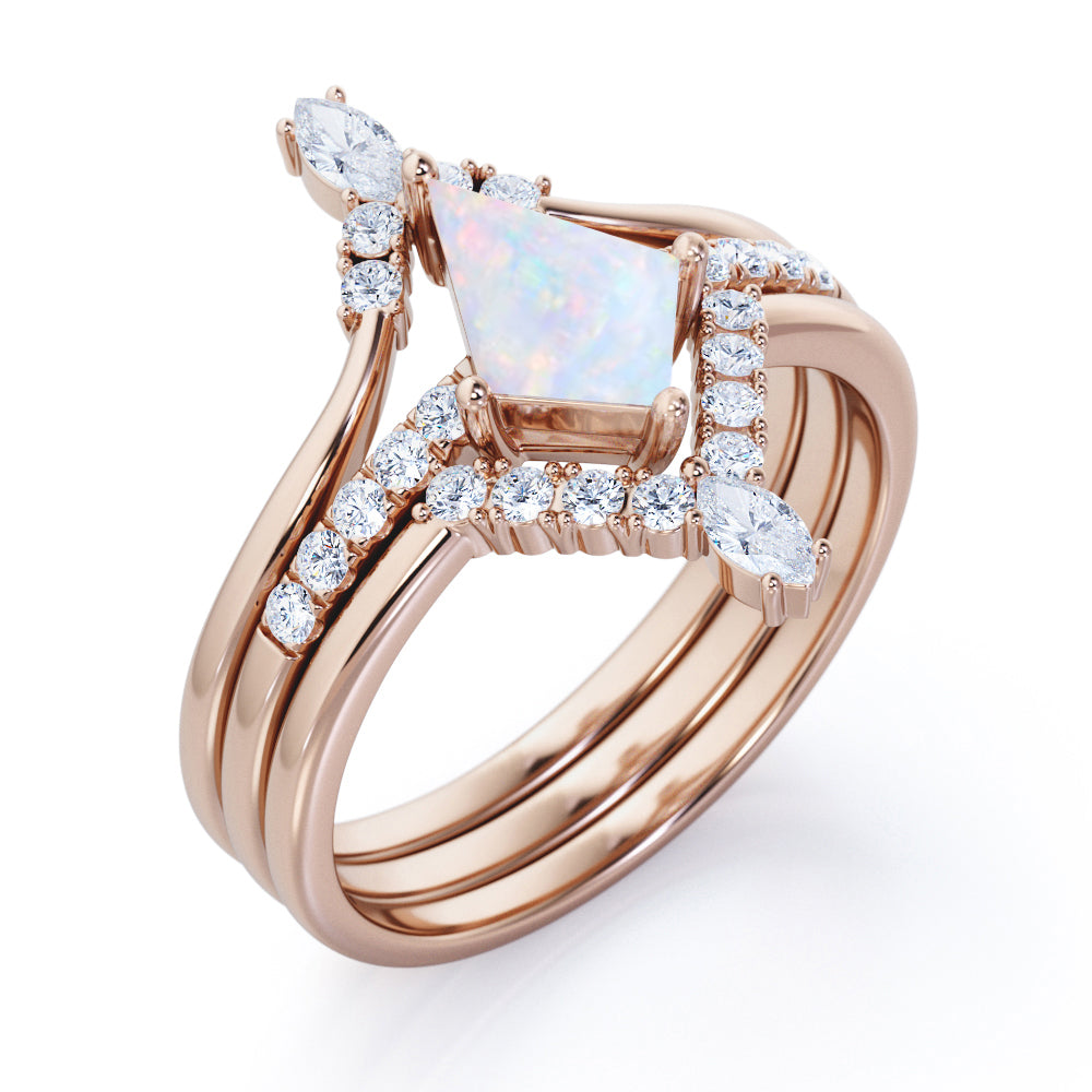 Artistic Chevron 1.5 carat Kite shaped Ethiopian Opal and diamond V-shaped trio wedding ring set for women in Rose gold