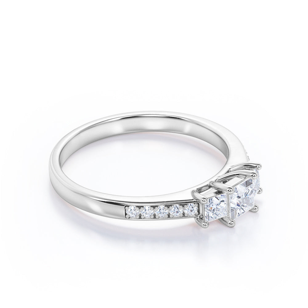 Past, Present, Future 0.65 carat Round cut Moissanite and diamond vintage inspired engagement ring in White gold