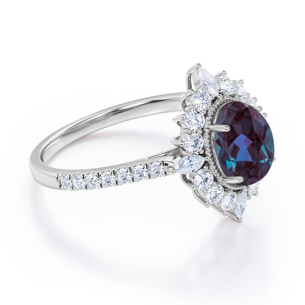 Milgrain Halo 1.5 carat Oval cut Lab Made Alexandrite and diamond floral cluster engagement ring in Rose gold