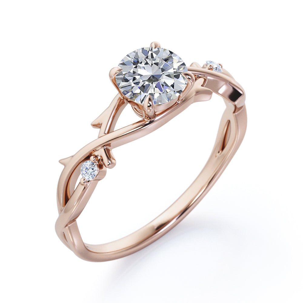 Branch leaf inspired 1 carat Round cut Moissanite and diamond solitaire engagement ring in rose gold