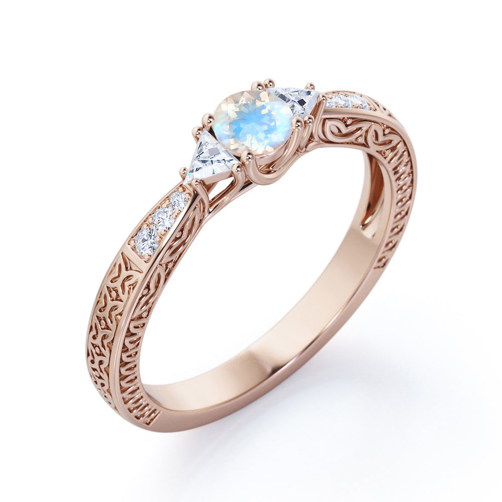 Vintage Filigree 1.15 carat Round cut Moonstone and diamond trillion cut engagement ring for women in Rose gold