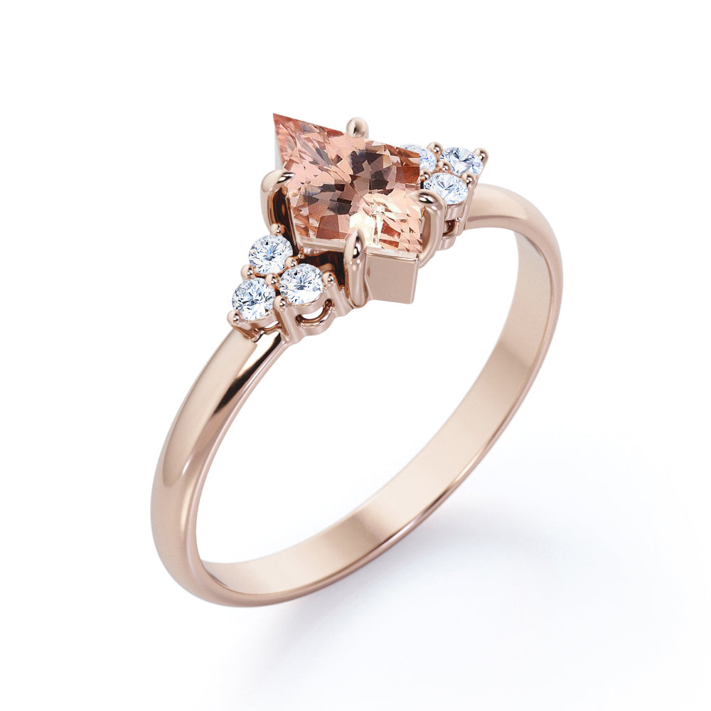 Affordable 1.2 carat Kite shaped Peach Morganite and diamond claw prong engagement ring in Rose gold