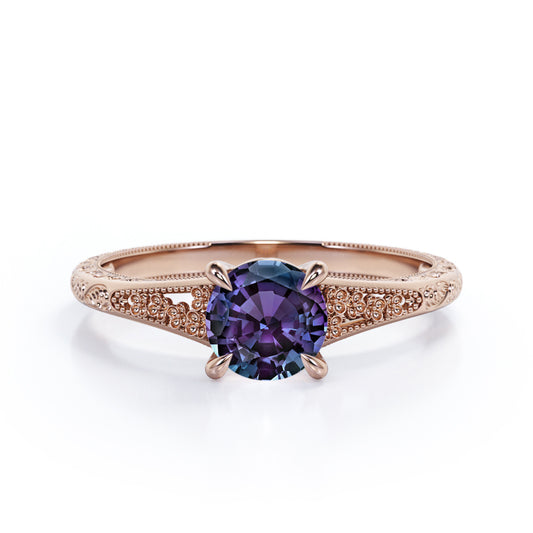 Floral Shank 1 carat Round cut Lab created Alexandrite solitaire engagement ring in Rose gold