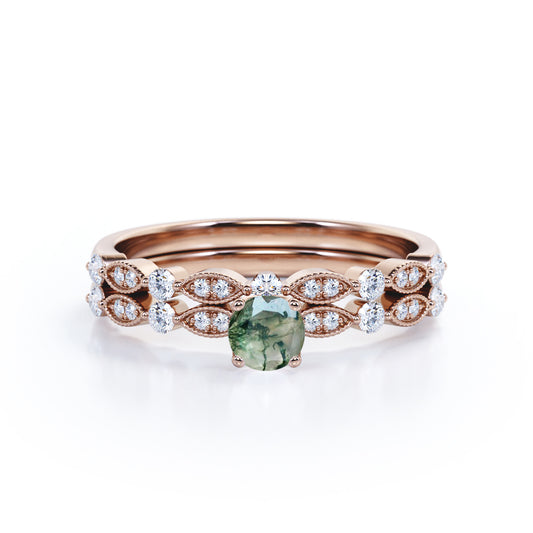 Milgrain Marquise Dot 0.85 carat Round cut Moss Green Agate and diamond wedding ring set for her in Rose gold