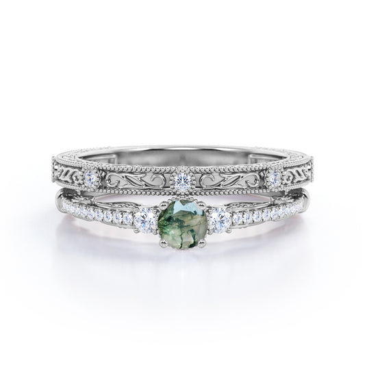 Trinity 0.8 carat Round cut Moss Green Agate artistic art deco filigree wedding ring set in White gold