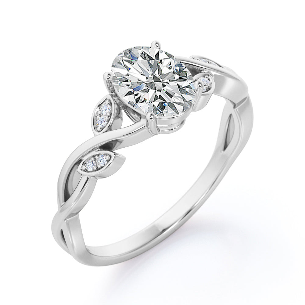 Twisted Vine 1.1 carat Oval cut Moissanite and diamond marquise bezel engagement ring in White gold