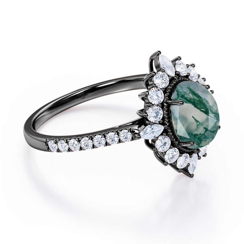 Milgrain Cluster 1.5 carat Oval cut Moss Green Agate and diamond snowflake halo engagement ring in Black gold