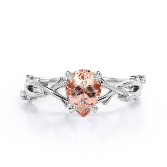 Delicate Twig and Vine 1.1 carat Pear Shaped Morganite and diamond forest ring-earthy engagement ring in White gold