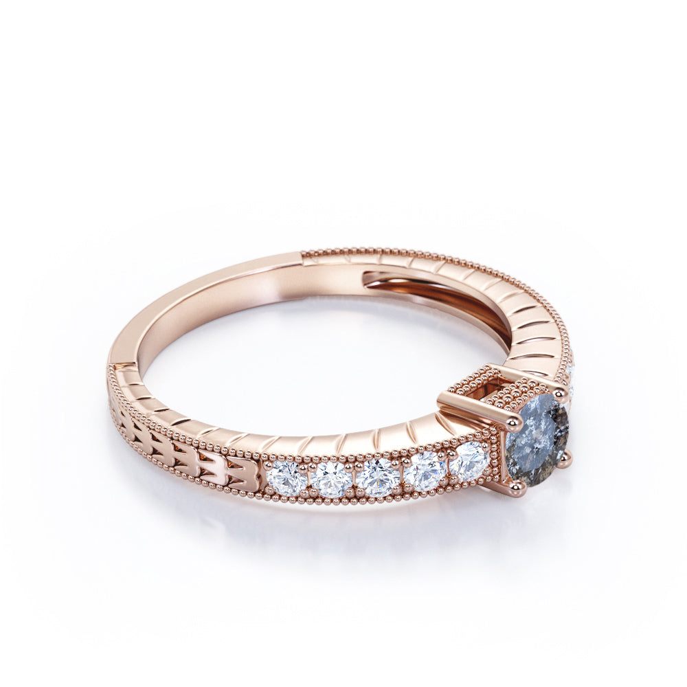 Art nouveau inspired 0.7 carat Round cut salt and pepper diamond and White diamond milgrain engagement ring in rose gold