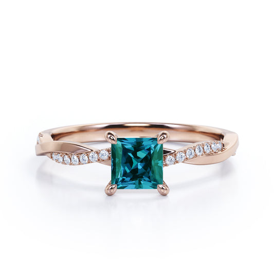 Infinity twist 1.2 carat Princess cut Synthetic Alexandrite and diamond contemporary engagement ring in Rose gold