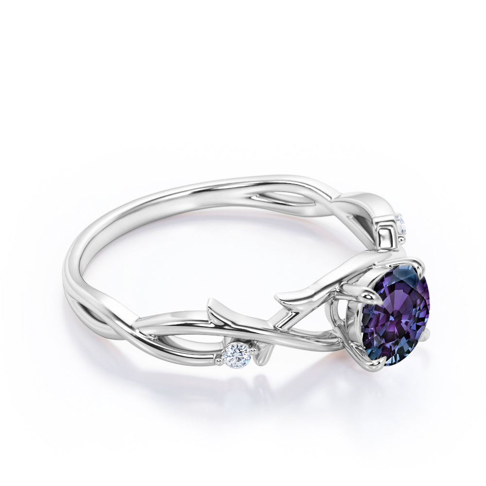 Four Claw Prong 1 carat Round cut Alexandrite and diamond earthy engagement ring in White gold