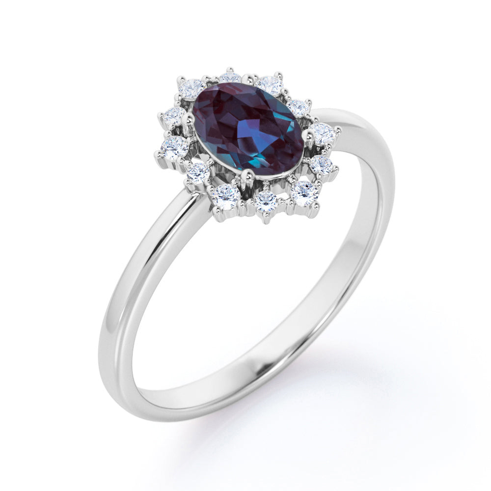 Snowflake Cluster 1.25 carat Oval shaped Alexandrite and diamond floral halo engagement ring in Black gold