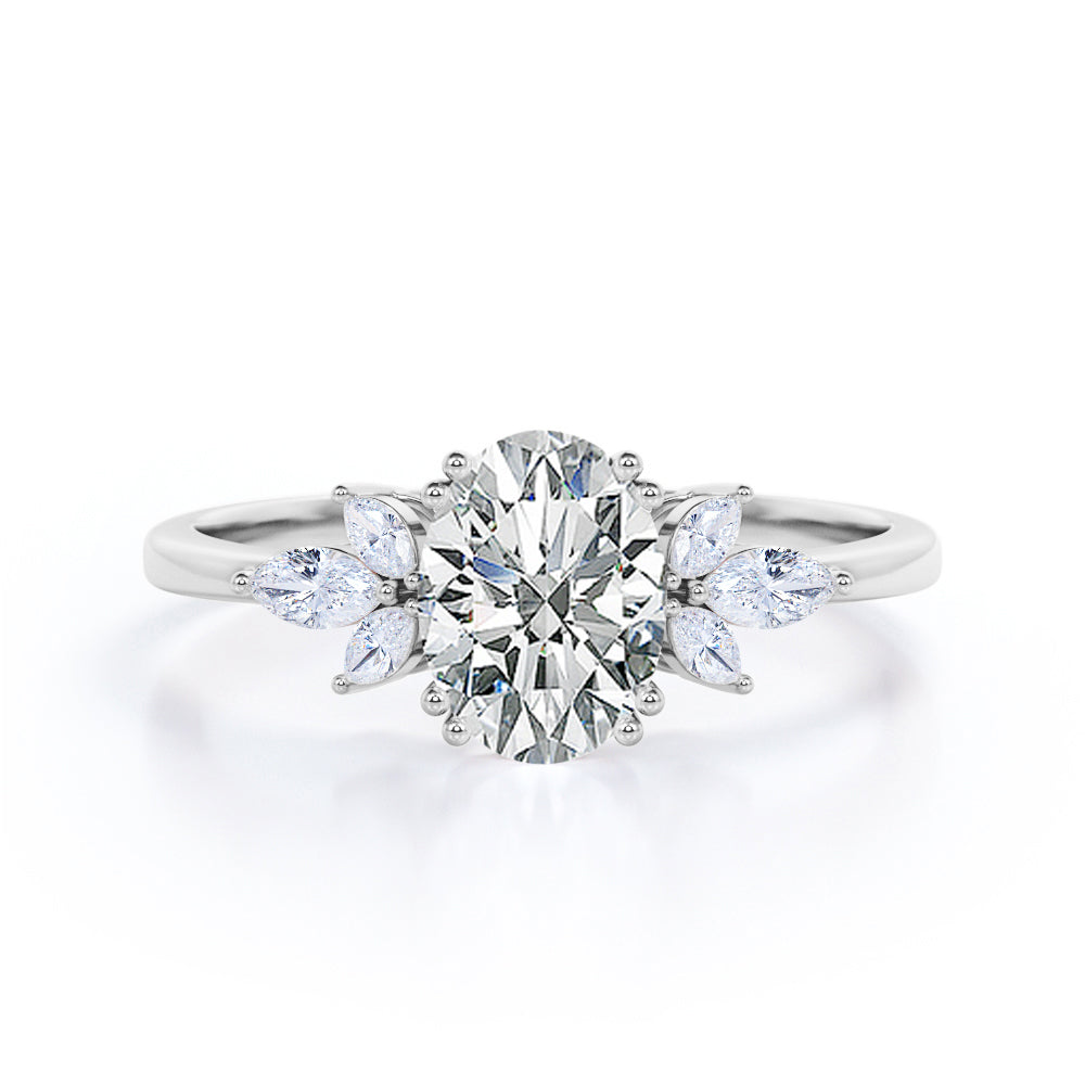 Double Prong setting 1.1 carat Oval cut Moissanite and marquise diamonds tapered engagement ring in White gold