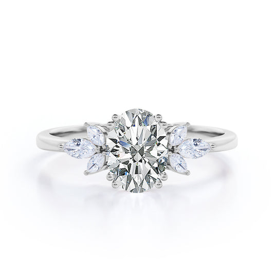 Double Prong setting 1.1 carat Oval cut Moissanite and marquise diamonds tapered engagement ring in White gold