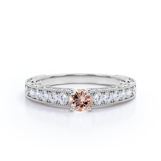 Art Nouveau style 0.75 carat Round cut Peach Morganite and diamond shared prong engagement ring in White gold