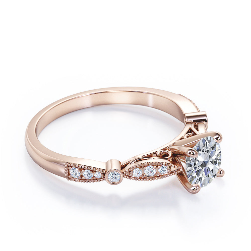 Vintage cathedral 1.25 carat Round cut Moissanite and diamond 4 prong engagement ring in Rose gold