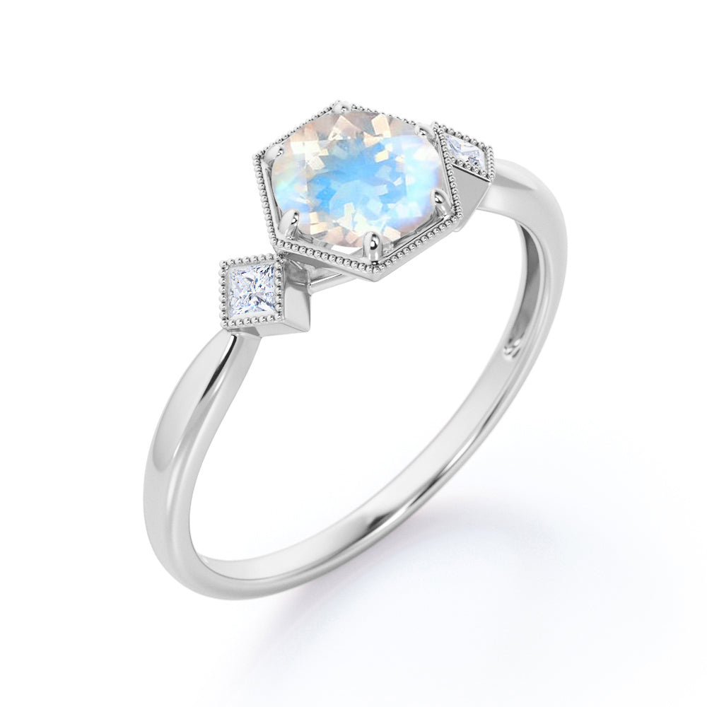 Triple Bezels 1.1 carat Round cut Moonstone and diamond Milgrain engagement ring in White gold