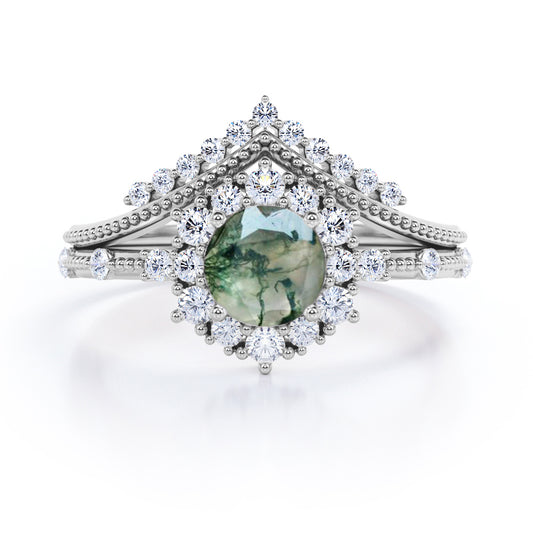 Contoured Cluster 1.45 carat Round cut Moss Green Agate and diamond milgrain art deco wedding ring set in White gold