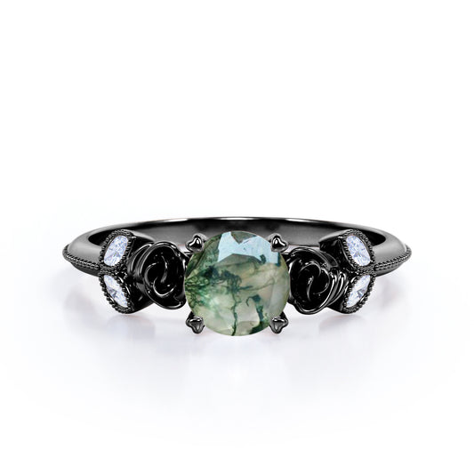 Rose ring-1.15 carat Round cut Moss Green Agate and diamond marquise milgrain engagement ring in Black gold