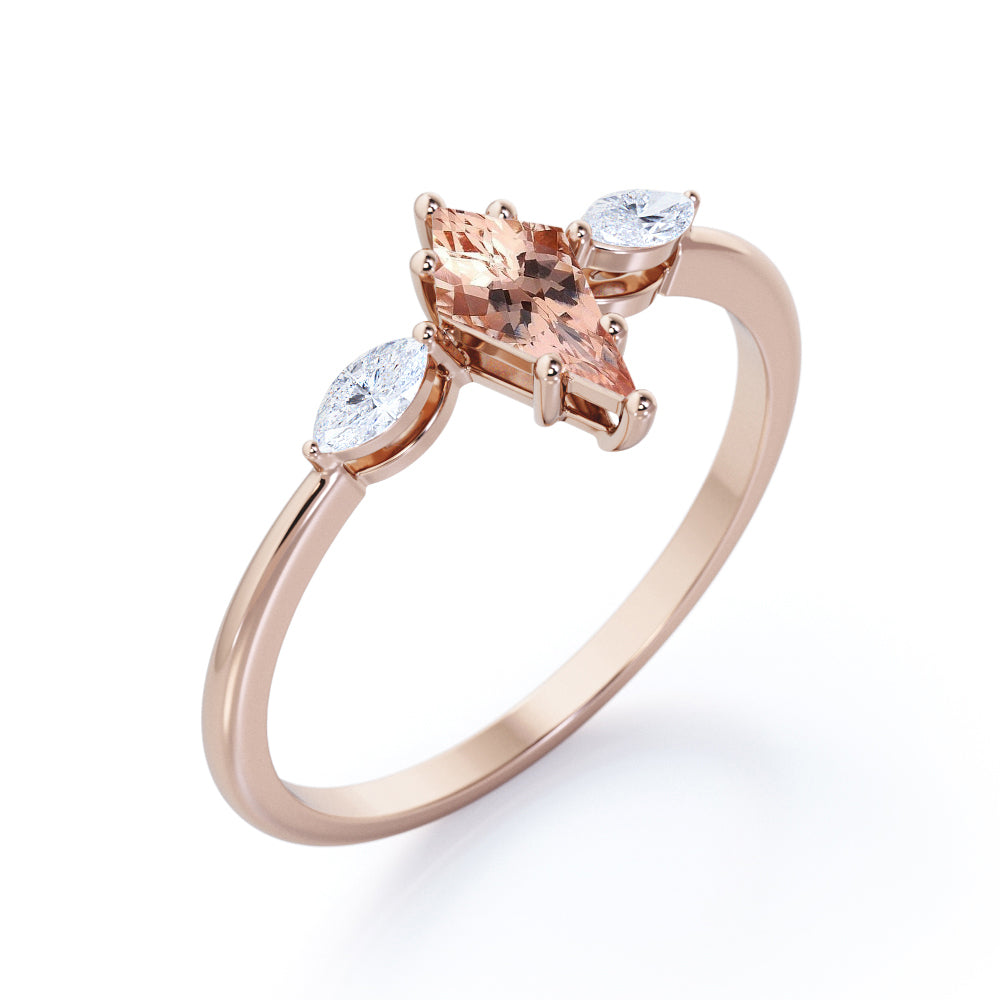 Minimal trilogy 1.1 carat Kite shaped Peach Pink Morganite and diamond engagement ring for women in Rose gold