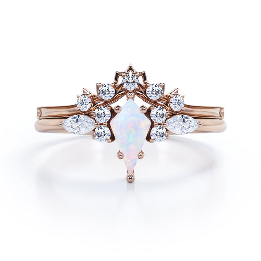 Vintage Chevron crown 1.15 carat Kite Shaped Australian Opal and diamond art deco engagement ring in Rose gold