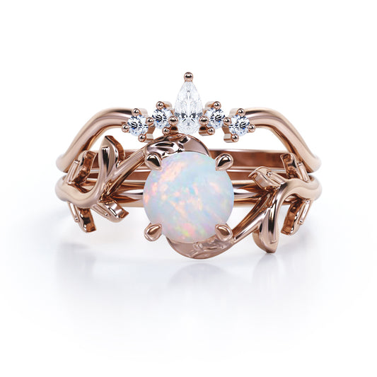 Artistic 1 carat Round cut Australian Opal and diamond crown style engagement ring set for women in Rose gold