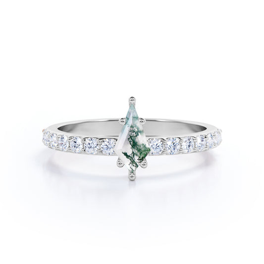 Classic Pave 1.15 carat Kite shaped Moss Agate and diamond 6 prong engagement ring in White gold