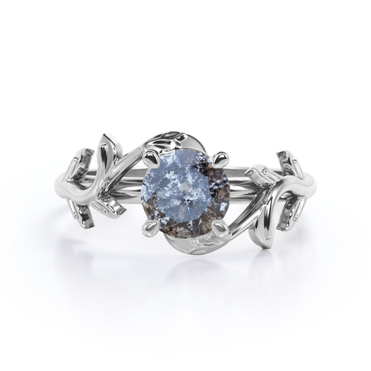 Floral Branchlet 0.5 carat Round cut Salt and pepper diamond nature inspired engagement ring in White gold