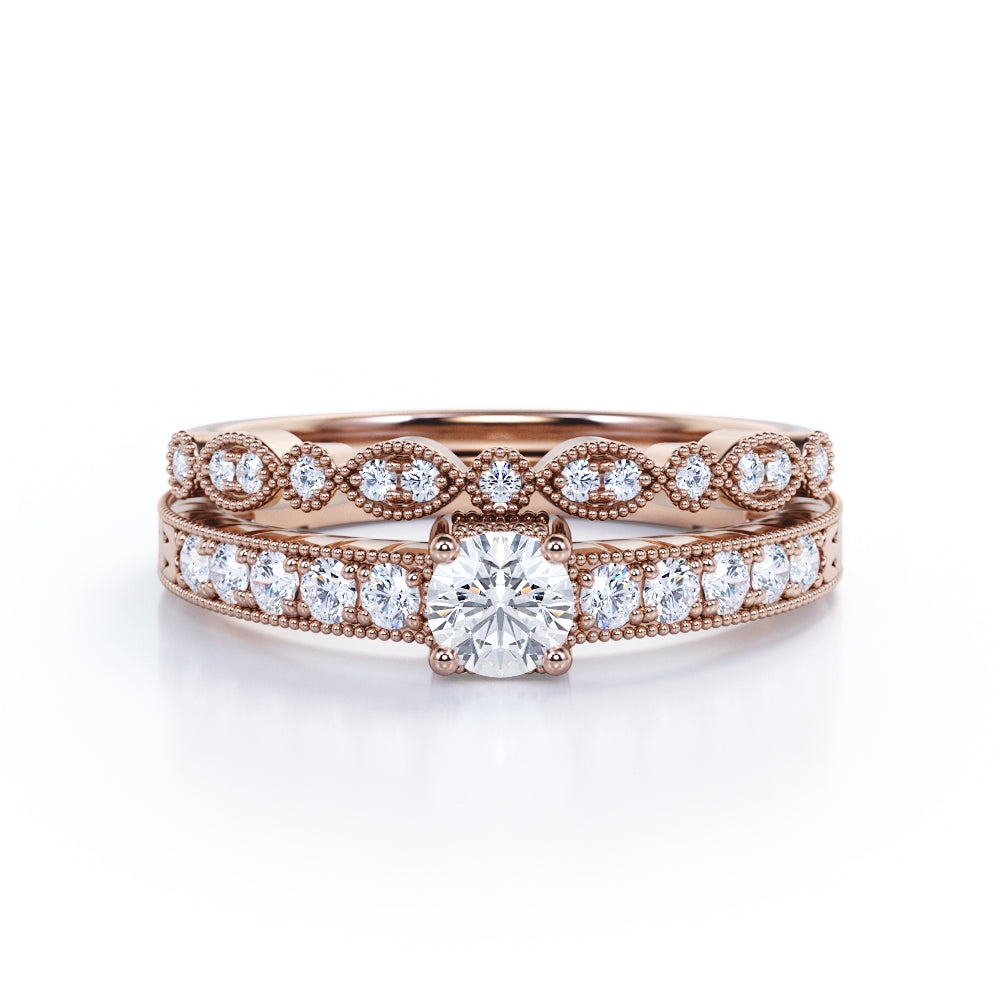Vintage Bead décor 1 carat Round cut Moissanite and diamond art deco Bridal set in Rose gold