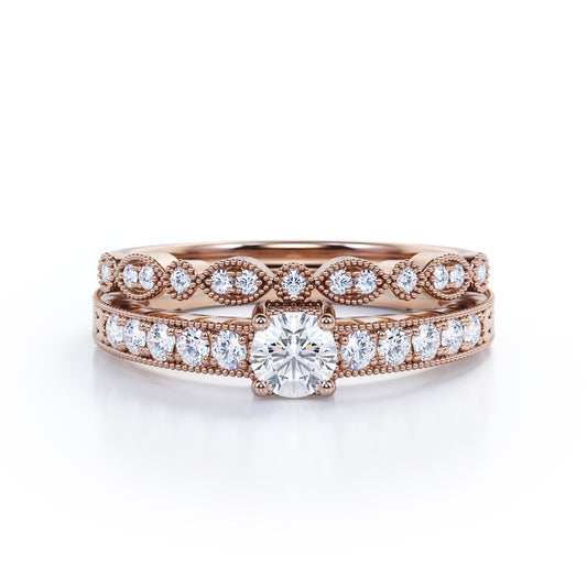 Vintage Bead décor 1 carat Round cut Moissanite and diamond art deco Bridal set in Rose gold