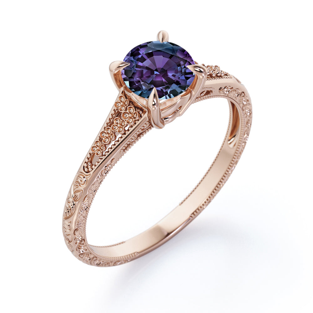 Floral Shank 1 carat Round cut Lab created Alexandrite solitaire engagement ring in Rose gold